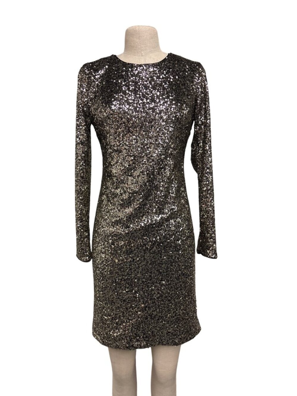 Maia Long-Sleeve Black Gold Sequin Mini Dress Size 4 Polyester Party Evening Wea